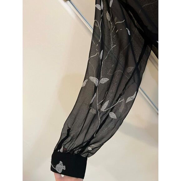 2X Black and White Leaf Vine Shift Dress Sheer Chiffon Button Up Flowy Boho - Picture 4 of 10